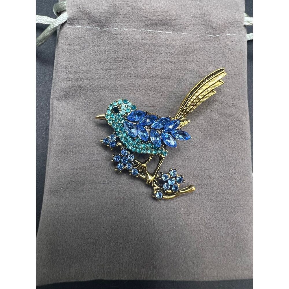 Gold Tone Aqua Blue Bird on a Branch Rhinestone Brooch Pin